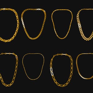 May include: A collection of gold necklaces in various styles, including herringbone, curb, and link chains. The necklaces are displayed against a dark background, showcasing their different designs and textures. The jewelry is presented in a studio shot.