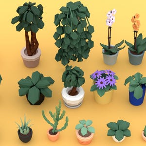 May include: A collection of low-poly style potted plants and flowers in various shapes and colors. The assortment includes trees, succulents, orchids, and flowering plants in pots of different sizes and hues, set against a yellow background.