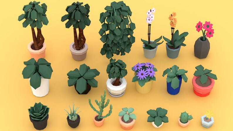 May include: A collection of low-poly style potted plants and flowers in various shapes and colors. The assortment includes trees, succulents, orchids, and flowering plants in pots of different sizes and hues, set against a yellow background.