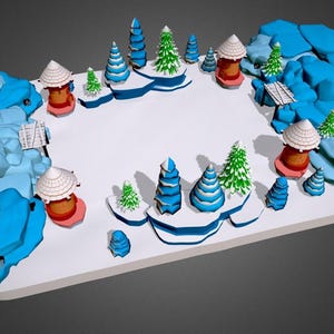 Puede incluir: Un modelo 3D de un paisaje invernal con formaciones de hielo azul, islas cubiertas de nieve y árboles de hoja perenne estilizados. La escena incluye pequeñas estructuras rojas con tejados blancos y un puente en miniatura. El diseño es una representación caprichosa y caricaturesca.