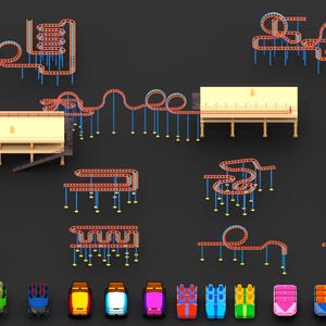 Puede incluir: Vista aérea de varios diseños de pistas de montaña rusa en miniatura en rojo y naranja, sostenidos por columnas azules. La imagen incluye varios diseños de vagones de montaña rusa en colores brillantes y dos estructuras beige que se asemejan a estaciones.