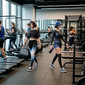 Op de afbeelding: Een moderne sportschoolscene met mensen die aan het sporten zijn. Twee personen lopen, een in een zwarte crop top en ombre legging, de ander in een blauw en zwart trainingsoutfit. Loopbanden en gewichthefapparatuur zijn zichtbaar op de achtergrond.