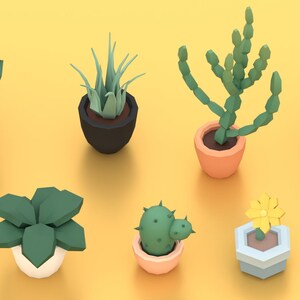 May include: A collection of stylized, low-poly succulent plants in various pots. The plants are shades of green, with pots in brown, peach, and white. The background is a solid yellow.