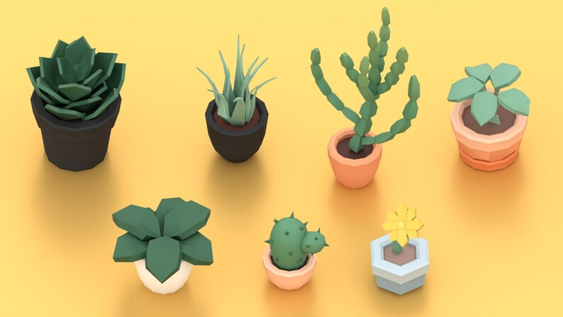 May include: A collection of stylized, low-poly succulent plants in various pots. The plants are shades of green, with pots in brown, peach, and white. The background is a solid yellow.