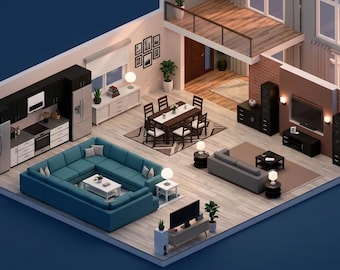 May include: An isometric view of a multi-room home interior featuring a kitchen with black cabinetry, a dining area with a wooden table and chairs, a living room with a large teal sectional sofa, a grey sofa, and a lofted upper level with wood flooring.