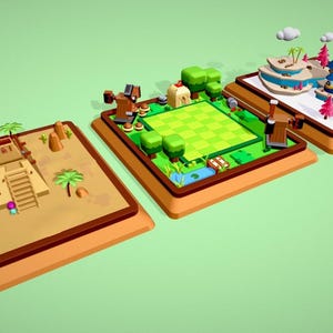 Puede incluir: Tres entornos de juego en miniatura y de baja poli en plataformas marrones. Uno presenta una pirámide, otro un tablero de ajedrez y el tercero una escena costera con un castillo. Las escenas están sobre un fondo verde claro.