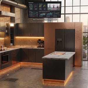 May include: A modern kitchen featuring dark gray cabinetry, a white marble-topped island, and integrated smart home technology. The space includes a black refrigerator, a wine cooler, and digital displays showing performance metrics and real-time statistics.