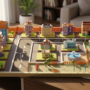 May include: A detailed miniature city model with colourful buildings, roads, and a park. The model includes a hospital, fountain, and residential buildings. The scene is set on a wooden surface, with a coffee cup and plant in the background.