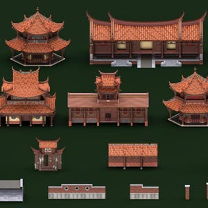 Peut inclure: Plusieurs bâtiments miniatures de style asiatique avec des toits en tuiles orange et des structures en bois marron. L'image présente divers modèles architecturaux, tels que des temples, des pagodes et des tours, sur un fond vert foncé.