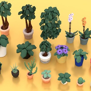 May include: A collection of low-poly style potted plants in various shapes and sizes. The plants include trees, succulents, and flowering plants, with pots in shades of white, pink, blue, and gray. The background is a solid yellow.