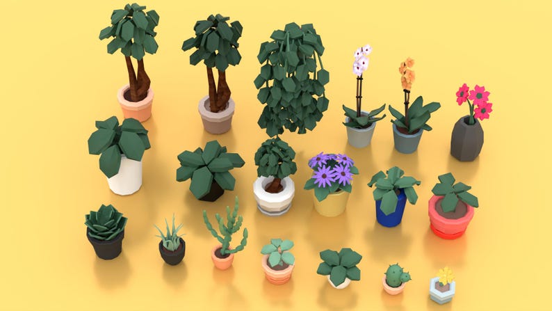 May include: A collection of low-poly style potted plants in various shapes and sizes. The plants include trees, succulents, and flowering plants, with pots in shades of white, pink, blue, and gray. The background is a solid yellow.