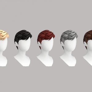 May include: A row of seven mannequin heads, each with a different hairstyle and hair color. The colors include dark brown, blonde, black, red, gray, medium brown, and auburn. The heads are white and the background is a light gray.