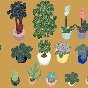 May include: A collection of various potted plants, including succulents, flowering plants, and trees. The plants are in a variety of pots, including white, blue, and terracotta. The image has a warm, inviting color palette.