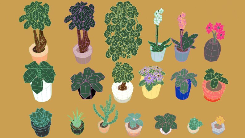May include: A collection of various potted plants, including succulents, flowering plants, and trees. The plants are in a variety of pots, including white, blue, and terracotta. The image has a warm, inviting color palette.