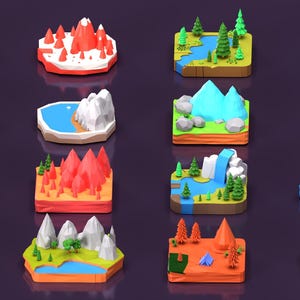Op de afbeelding: Een verzameling low-poly landschapsmodellen met bergen, bomen, rivieren en meren. Elk model is een miniatuur diorama met een uniek kleurenpalet, waaronder tinten blauw, groen, oranje en wit. De modellen zijn gerangschikt op een donkerpaarse achtergrond.