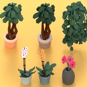 May include: A collection of low-poly style potted plants and flowers. The image features three potted trees with green foliage and brown trunks, and three flowering plants with white, orange, and pink blooms. The background is a solid yellow.