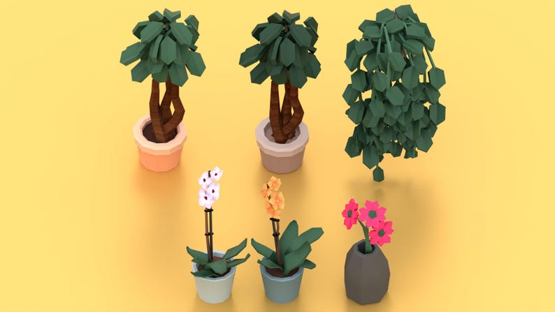 May include: A collection of low-poly style potted plants and flowers. The image features three potted trees with green foliage and brown trunks, and three flowering plants with white, orange, and pink blooms. The background is a solid yellow.