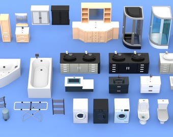 Bathroom 3D Model Pack | STL Files for 3D Printing | Miniature Bathroom Furniture | Dollhouse Decor Set | Blender Interior Assets