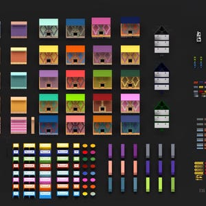 May include: A collection of colourful, geometric architectural elements and decorative details, including miniature buildings, shutters, and trim. The designs feature a variety of colours and patterns, arranged on a dark background. The image showcases a range of design options.