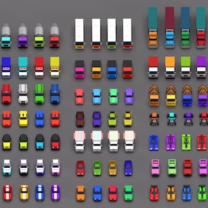 Peut inclure: Une collection de véhicules jouets pixelisés colorés, comprenant des voitures, des camions et des fourgonnettes, disposés en rangées sur une surface grise. Les véhicules sont de différentes couleurs, comme le rouge, le bleu, le vert et le jaune, et sont vus d'en haut.