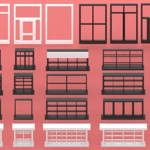 Op de afbeelding: Een verzameling architectonische elementen, waaronder ramen en planken, in wit en zwart. De ramen variëren in ontwerp, sommige met meerdere ruiten. De planken hebben een minimalistisch ontwerp, met horizontale staven. De achtergrond is effen koraalkleurig.