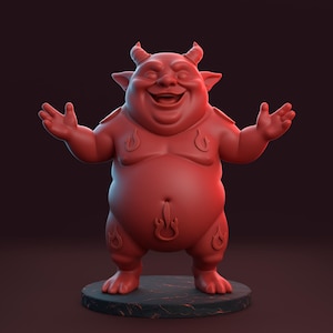 May include: A red figurine of a smiling, chubby demon with horns, open arms, and flame details on its body. The figure stands on a textured, dark base, with a dark background.