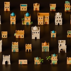 Peut inclure: Une collection de bâtiments miniatures en bois, comprenant des tours, des châteaux et des maisons, dans diverses nuances de beige, blanc et bleu. Certaines structures présentent des dômes, des arches et des palmiers, disposés sur une surface marron foncé.