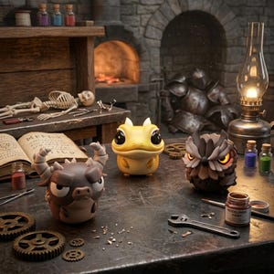 May include: Three fantasy creature figurines: a brown bull-like figure, a yellow frog-like figure, and a brown owl-like figure. The figurines are on a table with gears, tools, and paint jars. A skeleton and open book are in the background.