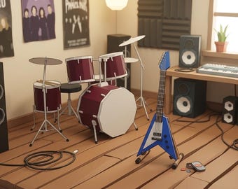 Musical Instruments STL Pack, 3D Printable Piano Guitar Drum Set, Miniature Music Models, Diorama Props, Blender Files