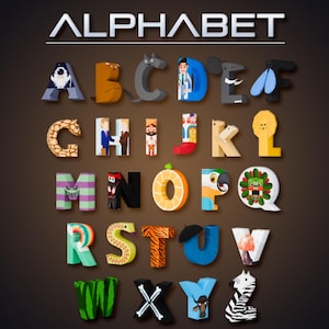 Könnte beinhalten: Ein farbenfrohes Alphabet, bei dem jeder Buchstabe als Tier oder Objekt gestaltet ist. Das Wort "ALPHABET" steht oben. Buchstaben umfassen Hund, Bär, Katze, Arzt, Elefant, Fliege und mehr. Die Buchstaben sind in 3D.