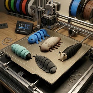 Op de afbeelding: Een 3D-printer met verschillende kleurrijke, gesegmenteerde insectenmodellen in verschillende kleuren, waaronder blauw, groen, bruin, grijs en zwart. De printer heeft een digitaal display met real-time printinformatie. Rollen filament zijn zichtbaar op de achtergrond.