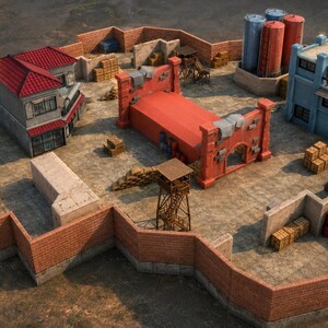 May include: An aerial view of a walled compound featuring a red-roofed building, a blue multi-story structure, a central red gate-like barrier, a wooden watchtower, industrial storage tanks, and scattered wooden crates on a concrete ground.