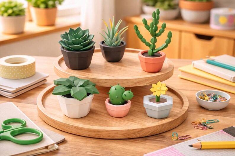 May include: A collection of decorative paper succulents in various pots, arranged on two wooden trays. The succulents are green, with pots in shades of black, white, and orange. The scene includes office supplies like scissors and tape.