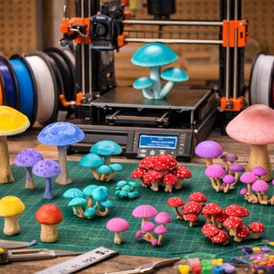 May include: A collection of colorful, handcrafted mushroom figurines in various sizes and colors, including yellow, blue, red, and pink. The mushrooms are arranged on a green cutting mat, with a 3D printer and spools of filament in the background.