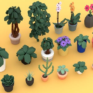May include: A collection of twenty low-poly 3D rendered potted plants in various shapes and sizes. The set includes green leafy trees, flowering orchids, cacti, and succulents in colorful pots, arranged on a solid yellow background.