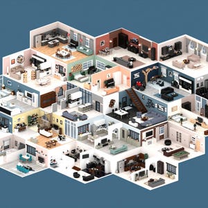 以下が含まれることがあります： ハニカムパターンに配置された、キッチン、リビングルーム、ベッドルームなど、さまざまな部屋の等角図イラスト。各部屋には詳細な家具と装飾が施され、さまざまなインテリアデザインスタイルが紹介されています。背景は単色の青色です。