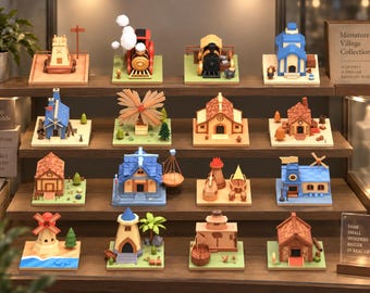 May include: A collection of sixteen miniature village models displayed on a four-tiered wooden shelf. The set includes various structures like houses, a train, a windmill, and a lighthouse, each on a square base with colorful, blocky designs.