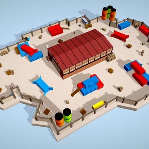 Puede incluir: Una representación 3D de un diseño de campo de paintball. El campo presenta un edificio central con techo rojo, varios búnkeres en rojo, azul y amarillo, y varios barriles. El perímetro está definido por un muro bajo.