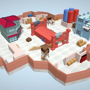 Puede incluir: Un modelo 3D de un diseño de ciudad con edificios, muros y varios objetos. Los edificios son rojos, azules y verdes, con un tejado rojo. También hay cajas, barriles y torres de agua. El diseño está rodeado por un muro de ladrillo.