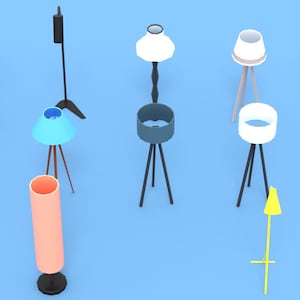 May include: A collection of various modern lamps in different shapes and colors, including a green cylindrical lamp, a white lamp with a tripod base, and a yellow floor lamp. The lamps are set against a light blue background.