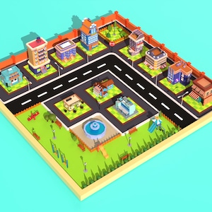 Paquete de modelos 3D de ciudad (STL), edificios urbanos de baja poligonalidad, calles, parque, ciudad en miniatura, recursos imprimibles para juegos, kit para Blender.