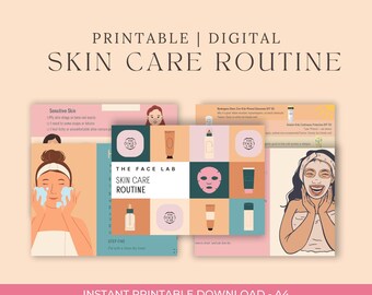 May include: A digital printable skin care routine guide with illustrations and text. The design features a peach background with the text "PRINTABLE | DIGITAL SKIN CARE ROUTINE". The guide includes illustrations of skincare products and steps.