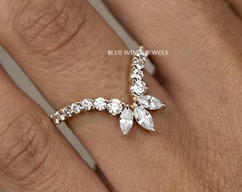 Marquise & Round Cut Moissanite Diamond Curved Band, Colorless Moissanite Diamond Band, 14K Solid Gold  V Shape Wedding Band, Stackable Band