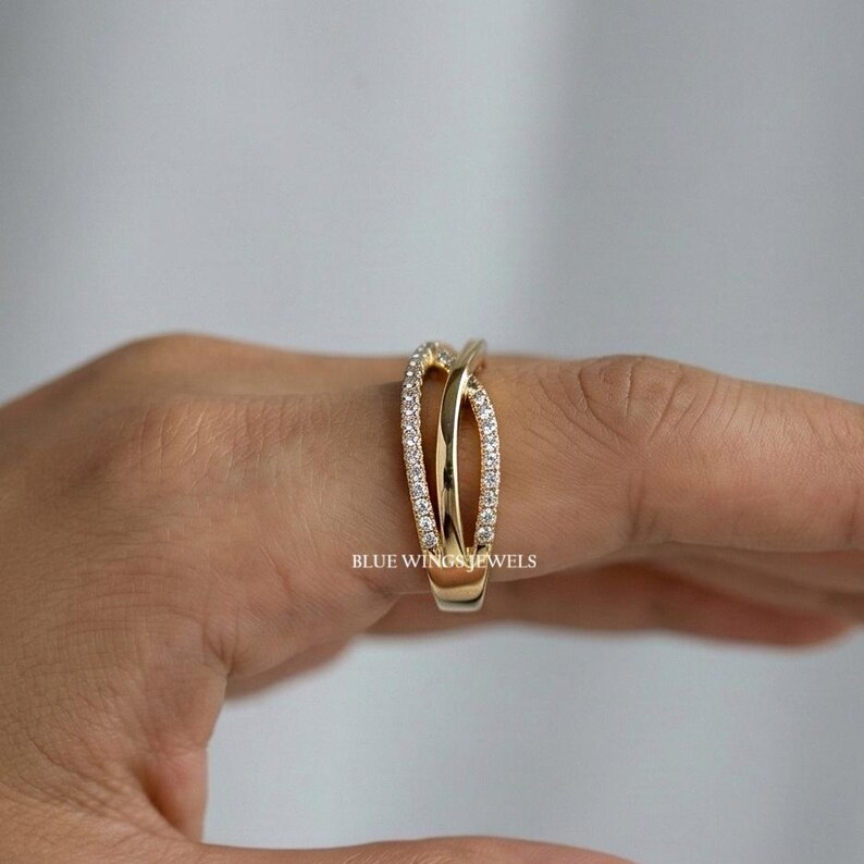 Crossover Round Moissanite Diamond Wedding Ring, 14K Solid Gold Criss Cross Overlapping Engagement Ring, Ring For Women Half Eternity Band image 6