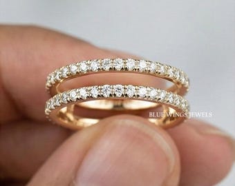 Custom Round Moissanite Diamond Double Row Wedding Band, Two Row Promise Band, 14k Solid Gold Half Eternity Enhancer Ring, Stackable Band
