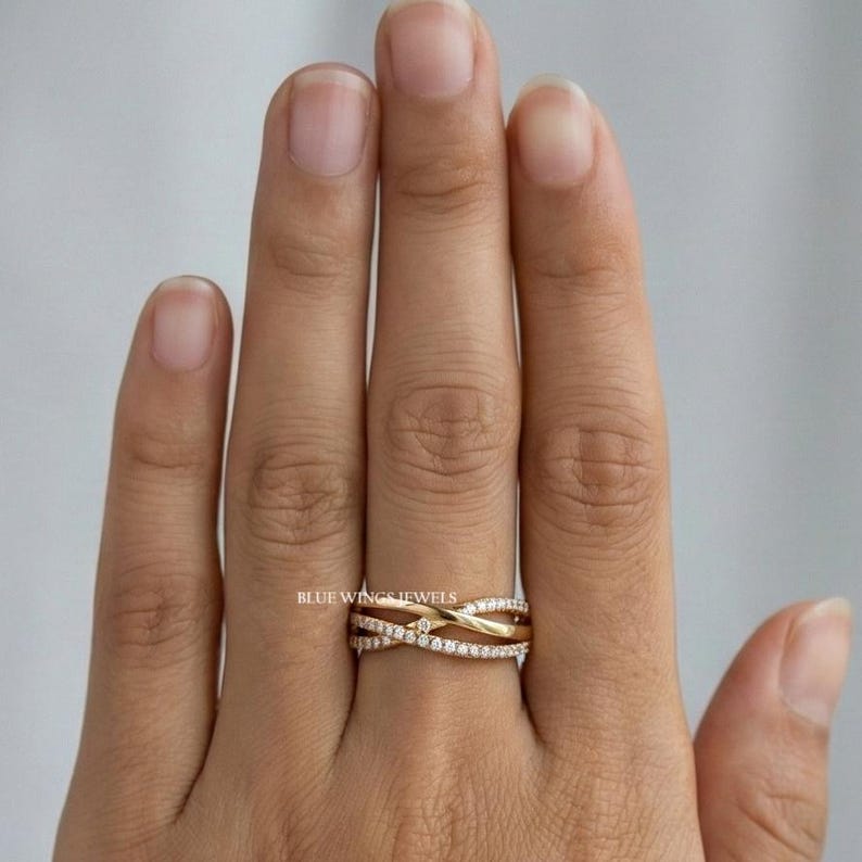 Crossover Round Moissanite Diamond Wedding Ring, 14K Solid Gold Criss Cross Overlapping Engagement Ring, Ring For Women Half Eternity Band image 5