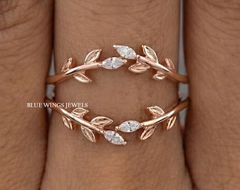 Marquise Diamond Double Curved Wedding Band, Enhancer Rose Gold Moissanite Diamond Band Leaf Design jacket Promise Ring, Anniversary Gifts