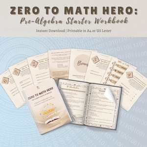 Puede incluir: Un conjunto de cuadernos y guías de pre-álgebra titulado "ZERO TO MATH HERO". La imagen muestra un libro abierto, varias páginas individuales y un cuaderno con el título en la portada. El texto indica que es una guía de matemáticas para principiantes.