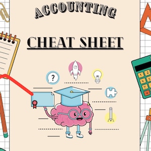 Może przedstawiać: Jasny beżowy arkusz kalkulacyjny z księgowości z tytułem "ACCOUNTING CHEAT SHEET" pogrubioną, czarną czcionką. Arkusz zawiera kreskówkowy mózg w okularach i czapce absolwenta, trzymający dyplom. Inne ilustracje to rakieta, żarówka i element układanki.