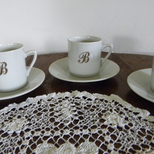 Vintage White Demitasse Cups and Saucers Personalized B Tea Party Home Decor New Orleans Vintage Shop Holiday Retro